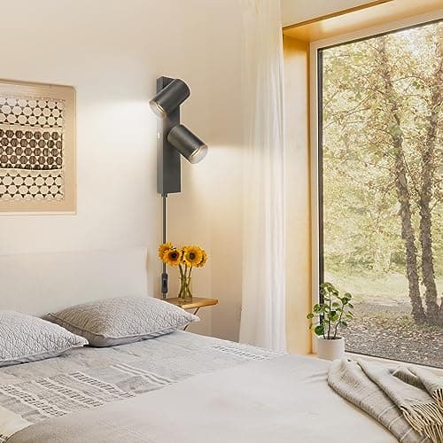 TaFiCo Applique Murale 2 Spots Interieur avec Interrupteur et Prise - Noir Lampe Murale Orientable 350°Spot Luminaire Mural Vintage pour Chambre Salon Cuisine Sans Ampoule