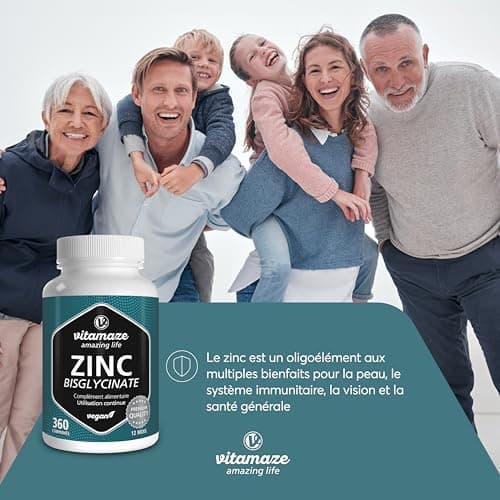 Zinc Bisglycinate 25 mg - Acné, Peau et Système immunitaire - 360 Comprimés pour 1 An - Vegan et Hautement Biodisponible - Complément Alimentaire Vegan Sans Additifs - fabriqué en Allemagne