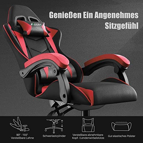 bigzzia Chaise Gaming - Ergonomique Chaise de Gaming avec Coussin Lombaire + appuie-tête - PU Cuir Chaise Bureau réglable en Hauteur - Fauteuil Gaming pour Adultes Enfants - Rouge