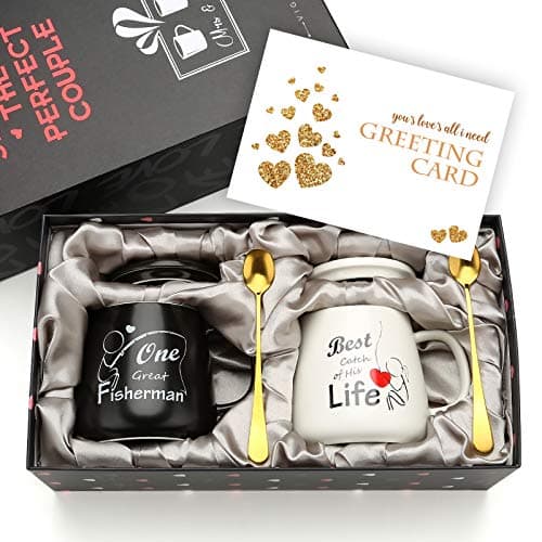 Sovyime Tasse à Café en Céramique, Coffret Cadeau Tasse Couple avec Couvercle et Cuillère, Tasse Cadeau Mariage Couple pour Mariée et Le Marié(One Great Fisherman, Best Catch of His Life)