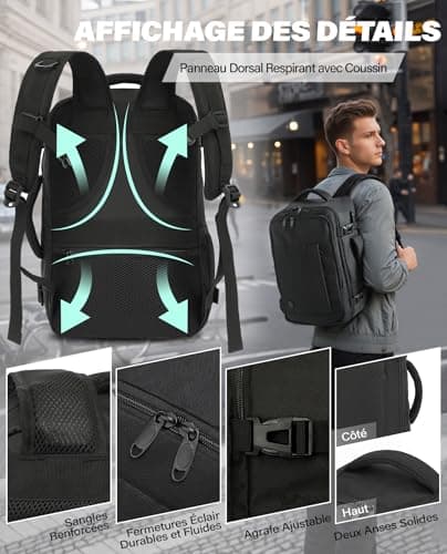 VANKEV Bagage Cabine 40x20x25 Pour Ryanair Sac à Dos Voyage Cabine Avion Bagage à Main Femme Homme 20L Sous Siege Bagage Sac De Voyage Pour Ordinateur Portable 14 Pouces Noir