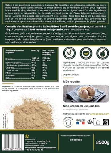 Lucuma en poudre BIO 500G | Sucrant Naturel, Sans sucre ajoutés | 100% Naturel et Pur | Alternative au sucre | Sans OGM, sans Conservateurs | Qualité Supérieure