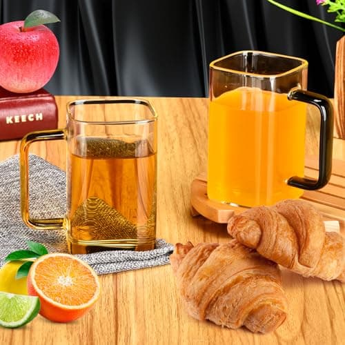 QHYK Verres transparents, Lot de 6 tasses, Verres à bouche carrée avec poignées colorées, 300ml, Parfaites pour à thé, jus, café, boisson, usage quotidien ou fête, restaurant, mariages