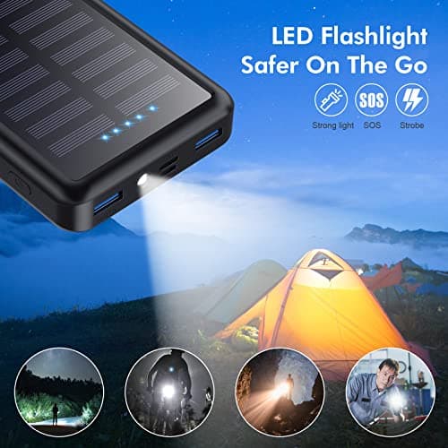 Batterie Externe 26800mAh, Solaire Power Bank USB C 15W PD 3.0A Charge Rapide, 3 Sorties 3 Entrées Chargeur Solaire avec LED Lampe de Poche Batterie Portable Compatible avec iPhone/Samsung etc