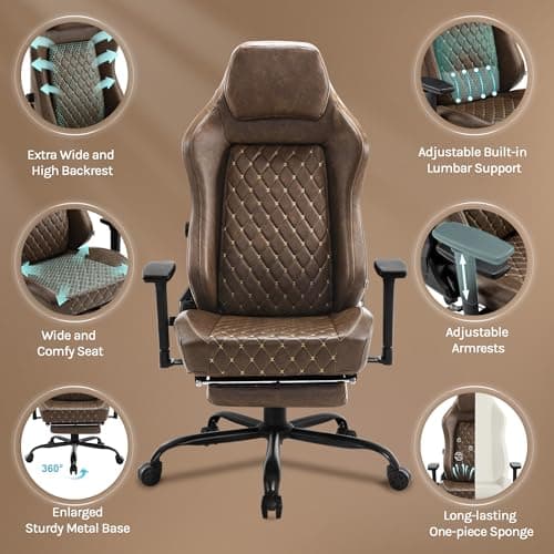 WOLTU Chaise Gaming, Chaise de Bureau Gamer Ergonomique avec Éponge intégrée Longue durée et Support Lombaire adaptatif, Inclinable, Similicuir Vintage, Brun, GS13br