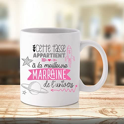 ÉNJA Création. Mug marraine/Tasse – La meilleure de l'univers Future marraine Cadeau anniversaire Cadeau original Céramique haute qualité 11oz 320ML (MARRAINE)