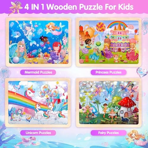Puzzle en Bois La Licorne Sirène Princesse Fée pour 3 4 5 6 Ans, Puzzle Enfant 4×24 Pièces, Jouet Educatif Préscolaire, Montessori Cadeaux Enfant de 3 à 8 Ans Garçons Filles