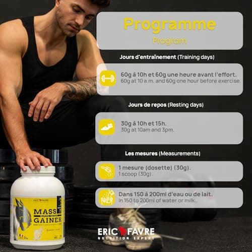 MASS GAINER +61% Glucides bi-sources, 30% Protéines, Prise de Masse Rapide, Gain de poids et Masse Musculaire - Eric Favre - Cookies 3 kg