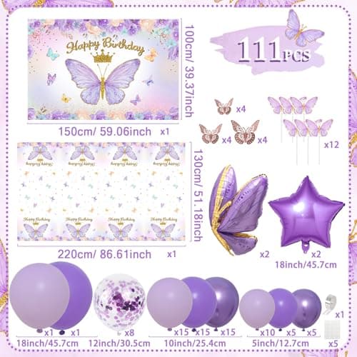 Décoration Anniversaire Violet, Ballon Anniversaire Fille Violet avec Happy Birthday Toile de fond, Nappe Papillon, Décoration de Gâteau Papillon pour Filles Femme Anniversaire Fête Parti Décoration