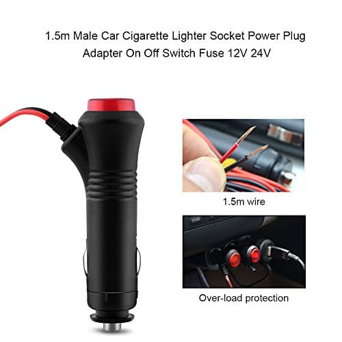 Qiilu 1.5m Mâle Voiture Allume-Cigare Plug, Socket Power Plug Adaptateur sur Arrêt Interrupteur Fusible 12 V 24 V