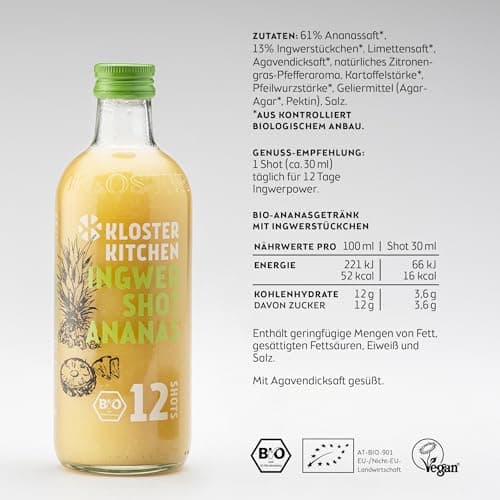 Kloster Kitchen Lot de 6 shots de gingembre bio - 360 ml - Avec véritables morceaux de gingembre - Végétalien - En verre - Doux et épicé - Sans additifs et avec une douceur naturelle