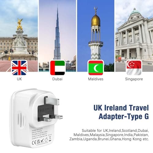 Hoppac Adaptateur Prise Anglaise, Prise Anglaise Adaptateur Francais Avec 3USB A et 1USB C,Adaptateur Voyage Multifonction 5 en 1 Prise Anglaise/UK vers France Pour UK,L'Irlande,Singapour,Dubai,Type G