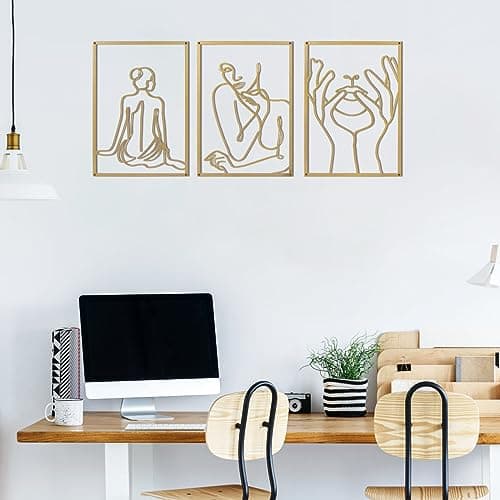 XIAOMAGG Lot de 3 décorations murales en métal doré - Décoration murale simple - Art moderne abstrait - Corps féminin - Décoration murale à suspendre pour chambre à coucher, salon, salle de bain