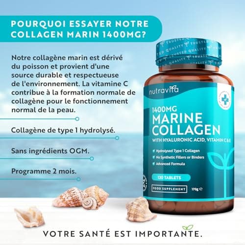Collagene Marin + Acide Hyaluronique 1400mg avec Vitamine C Vitamine E Biotine Zinc et Cuivre - 120 Comprimés pour 2 Mois, Collagene et Acide Hyaluronique pour Hydratation de la Peau - Nutravita