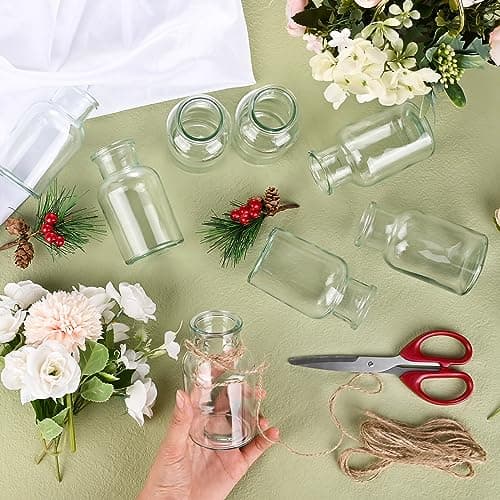 Glovios Petits Vase en Verre Lot de 12 Mini vases en Verre Transparent Vase Mariage 10,3cm de Haut Mini Vase decoratif avec de la 5m Ficelle de Jute soliflore en Verre Petits Vase Fleur Deco Table