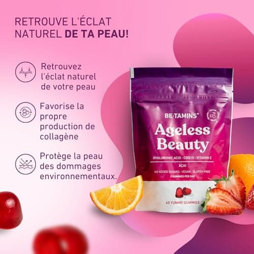 Beauty Gummies Acide Hyaluronique Sans Sucre et Q10 Coenzyme, Vitamine C Açai - Hydratation Anti-âge Élasticité et Brillance pour votre Peau - Avec Antioxydants Naturels 60 Gummies Vitamine