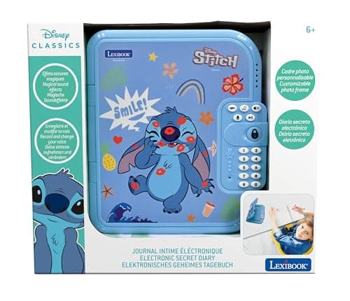 Lexibook- Disney Stitch Journal Intime électronique Stylo et carnet Inclus, interactif, Mot de Passe, Fonctions Amusantes, Effets sonores, SD50D, Bleu