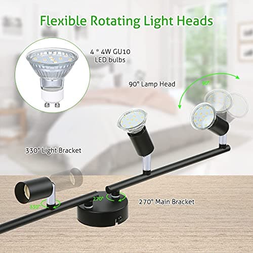 Tomshine Plafonnier LED 4 Spots orientables, noir 4 x 4W GU10 Barre Spot Plafond LED Eclairage intérieur pour Salon Salle à Manger