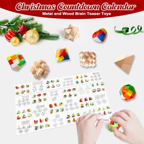 Calendrier de l'Avent 2024 Casse-Tête - 24 jours de Noël avec Casse-Têtes en Plastiques et en Bois, Puzzles 3D, Tests de QI et Jeux de Démêlage pour Enfants, Filles, Garçons, Adolescents et Homme