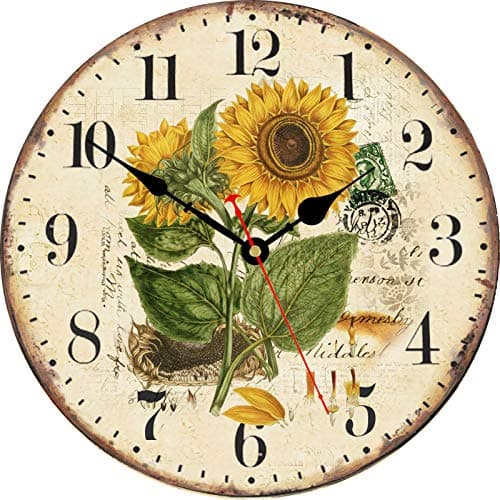 TAHEAT 20 cm L'été Tournesol Horloge Murale, Rétro Rustique Floral Fonctionnant sur Batterie Horloges, en Bois Décoratif Lisible pour la Maison/Bureau/École/Bar