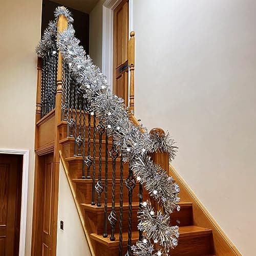 6PCS Guirlandes de Noël Tinsel 12m Avec Étoiles Décoration Scintillantes - Ornement Pendendif pour Sapin, Maison Intérieur, Fête, Anniversaire, Mariage (Argenté)