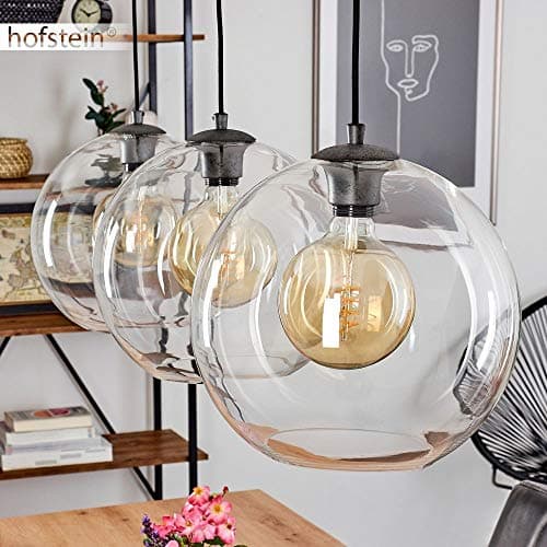 Suspension Minhe en métal noir et verre, lampe pendante vintage idéale dans un salon rétro, hauteur max. 153 cm, pour 3 ampoules E27, ampoule(s) non incluse(s)