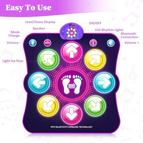 Tapis de Danse pour Enfants, 8 Flèches de Lumière LED Musique Pad de Danse Musical avec Bluetooth, 6 Modes de Jeu, Batterie, Jouet Cadeau d'anniversaire de Noël pour Garçons Filles de 3 à 12 Ans