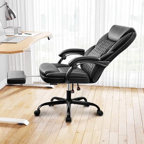 BestEra Chaise de bureau, grande et haute, avec repose-pieds, ergonomique, en cuir, avec dossier réglable et support lombaire (noir)