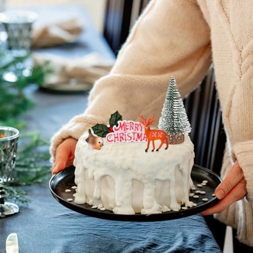 BETESSIN Ensemble de 5 Décoration Gâteau Noël Cake toppers Miniature Figurine Sapin Renne Oiseau Feuilles de Houx Joyeux Noël pour Cupcake Pâtisserie Desserts