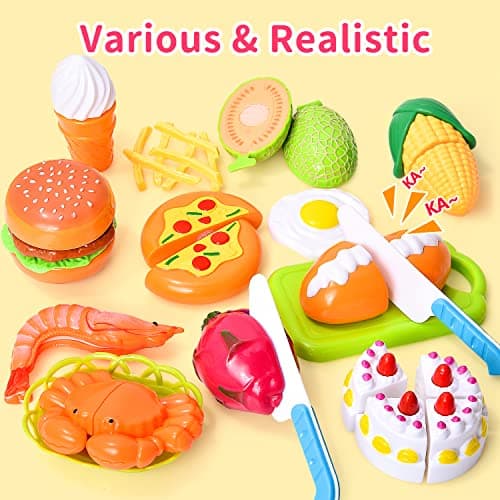Fegalop 32 Pièces Jouets en Plastique Fruits et Légumes à Découper, Dinette Enfant Accessoire Cuisine Jouet, Chef Jeu de rôle avec,Cadeau Parfait pour Noël et fête d'anniversaire 3 Ans (Bleu)
