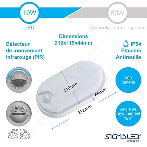 Sigmaled lighting, Plafonnier LED 10W avec DÉTECTEUR de mouvement pour extérieur, Étanche IP54, Blanc Chaud 3000K, 900 Lm, Applique OVALE, Éclairage mural