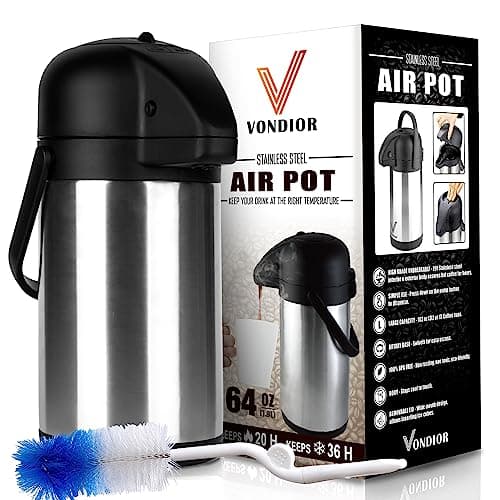 Vondior Carafe à café thermique 1,9 L, cafetière à pompe isolée en acier inoxydable, théière sous vide pour eau chaude/froide, boissons au chocolat de fête
