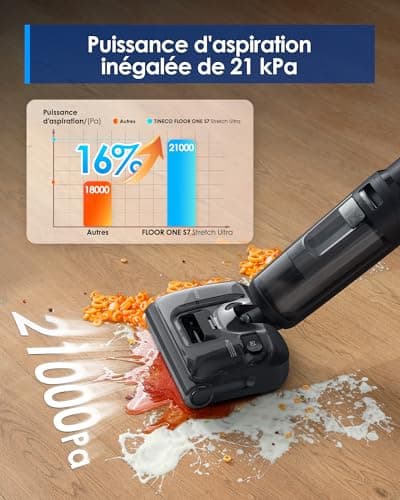 Tineco Floor One S7 Stretch Ultra Aspirateur Laveur, Aspirateur Balai sans Fil, Anti-emmêlage, Plat à 180°, Autonomie de 50 Minutes, Auto-Nettoyage Flashdry à 85°C, Nettoyage des Bords de Deux Côtés