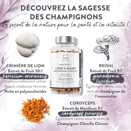 Lions Mane 18000mg 30:1 avec Cordyceps Sinensis, Reishi Ganoderma et Zinc | Criniere de Lion Champignon Hericium Erinaceus Nootropique Puissant Memoire et Concentration Mushroom Complex - 120 Gelules