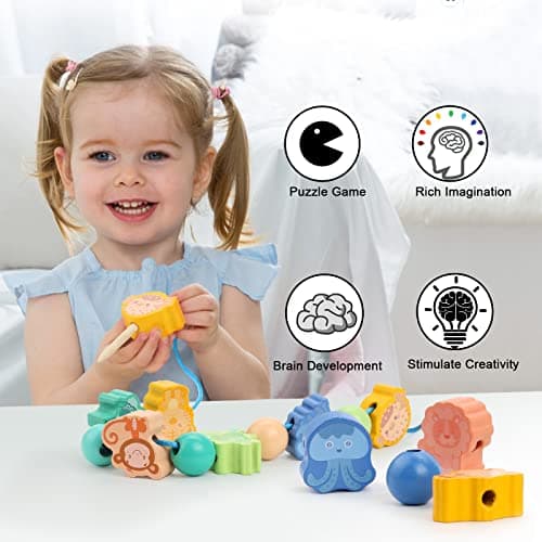 32 Jouets de Filetage en Bois, Perles de Laçage éducative, Perles à Enfiler Montessori, Jeu D'enfilage de Perles Jouet pour D'apprentissage Educatifs pour Garçons Filles 2 3 4 5 6 Ans