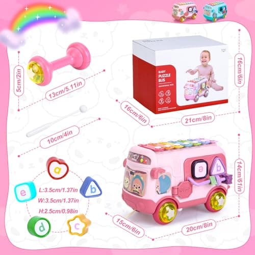 Yellcetoy Jouet Fille 1 an, Jouets Bebe 12 à 18 Mois Bus Musicaux Sensoriel avec Xylophone, Trieur de Formes Jouet éducatif précoce, Cadeaux d'anniversaire pour Les Enfant 12 Mois+