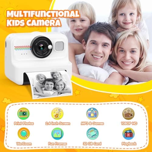HiMont Appareil Photo Instantané Enfants, 1080P Appareil Photo Numérique Enfant & Caméra Vidéo avec Carte de 32GB & 3 Rouleaux de Papier d'impression, Cadeaux pour Garçons & Filles de 3 à 12 Ans