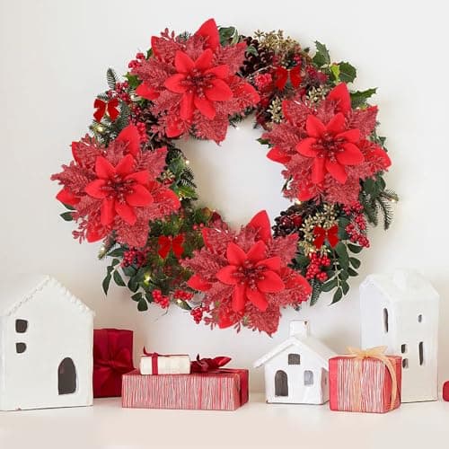 MHMondawn Lot de 18 fleurs de Noël à paillettes avec clips - 12 nœuds - Étoile de Noël - Fleurs - Décoration d'arbre de Noël (paillettes rouges)