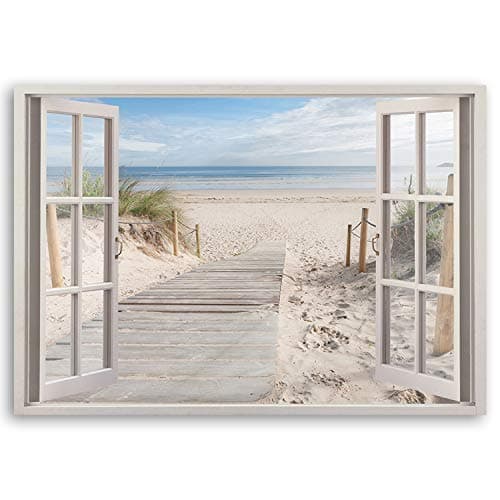 Feeby Impression sur toile Vue de la fenêtre de la plage 3D 120x80 cm 1pièce Tableaux Tableau Image Photo Moderne Décoration Murale Artistique Photographie Design Cuisine Salon Chambre à coucher Beige