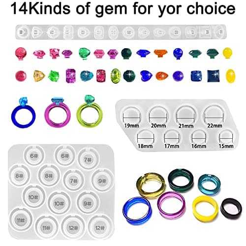 Lot de 2 moules en silicone AIFUDA pour résine époxy, anneaux en diamant avec tailles 6-12# et 8 tailles différentes, fabrication de bijoux