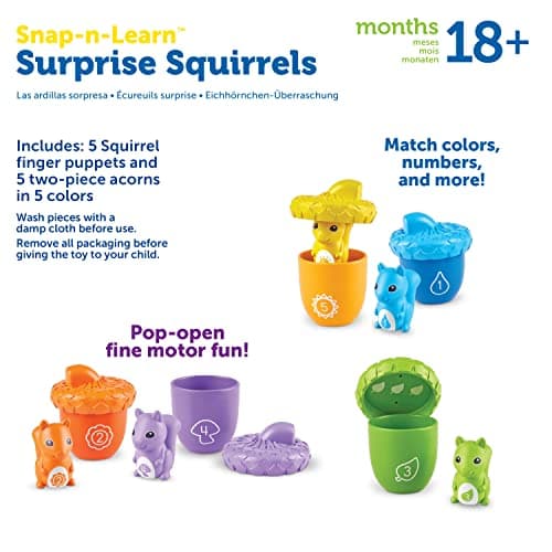 Learning Resources Écureuils surprise Snap-n-Learn, jouets petite enfance, jouets éducatifs et d’apprentissage, jouets pour bébés et jeunes enfants, 15 pièces, à partir de 18 mois