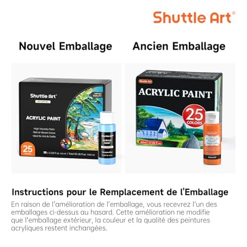 Shuttle Art Peinture Acrylique, Lot de 25 Couleurs de Peintures Acryliques en Bouteille (60ml),Riche Pigmentée et Imperméable,Parfait pour Artistes,Débutants et Enfants sur Toile,Tissu,Pierre