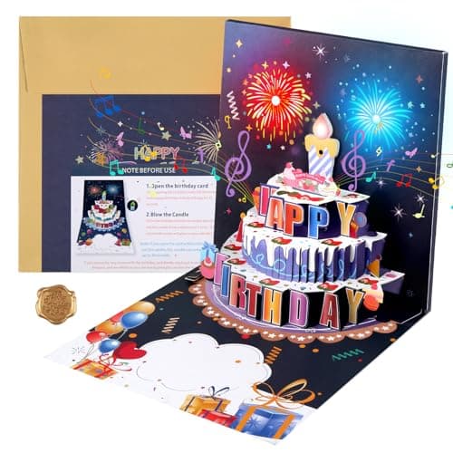 Carte d'Anniversaire avec Musique & Lumières, Blowable Carte Pop Up Anniversaire, Carte Anniversaire 3D Feux d'Artifice, Carte d'anniversaire avec Enveloppe pour Famille Amis