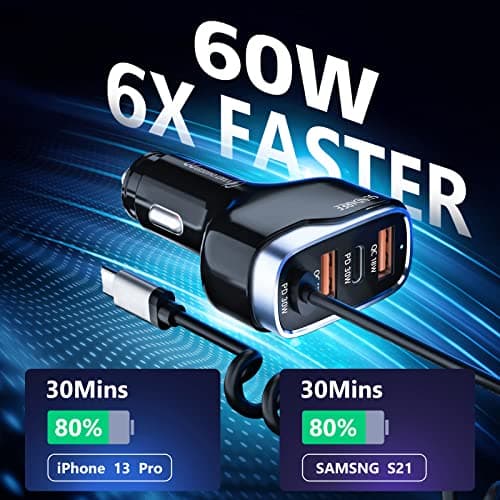SUNDAREE Chargeur Voiture USB C,60W 4 Multi Port 12V PD QC Type C 1.8M Câble Spiralé Rapide Charge Prise Allume Cigare Automobile Chargeur for Xiaomi Redmi Note 11/Samsung Galaxy A22/iPhone 14/ Honor
