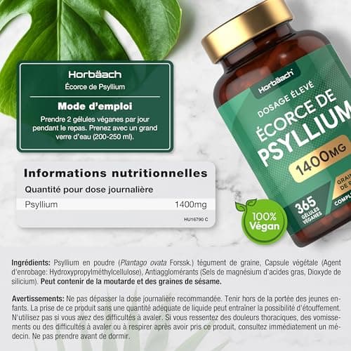 Psyllium Blond Gelules 1400 mg | 365 Psyllium Gelules Vegan | 6 Mois | Fibre de Psyllium Husk Haute Dosage | Prébiotique naturel | par Horbaach