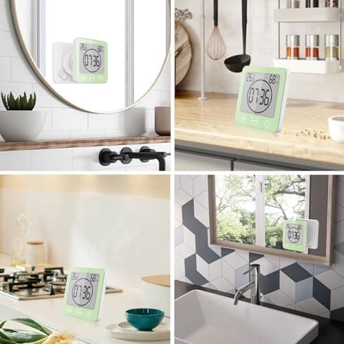 Horloge de Salle de Bain, Horloge de Douche Contrôle Tactile étanche, Alarme Numérique LCD, Thermomètre Hygromètre, Minuterie de Compte à Rebours, Alimenté par Pile, pour Maquillage Cuisine (Vert)