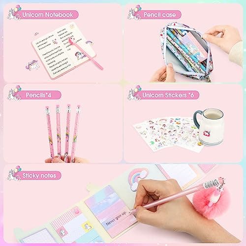 Cooyou Cadeau de Papeterie Licorne pour Fille 6 7 8 9 10 11 12 Ans, Trousse, Stylo, Crayon et Carnet de Licorne, Ensemble de Jouets Licorne pour Filles, Rose