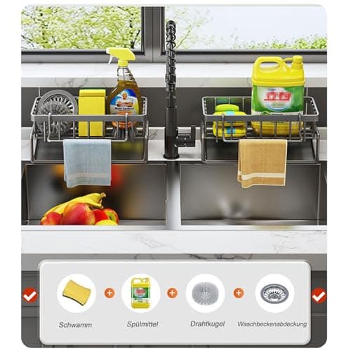 ViWaVee Rangement et Organisation de Cuisine, Organisateur d'évier en Acier Inoxydable avec bac d'écoulement Automatique pour Porte Eponge, Porte Serviettes, Super Accessoires pour Salle-Noir.