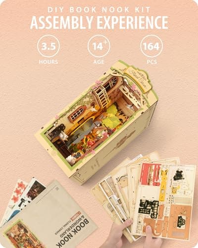 Rolife Book Nook Coin des Fleurs Booknook avec Lumière LED Kit Maisons de Poupées DIY Maison Miniature Puzzle en Bois 3D pour Adultes Bibliothèque Décoration Cadeau d'anniversaire