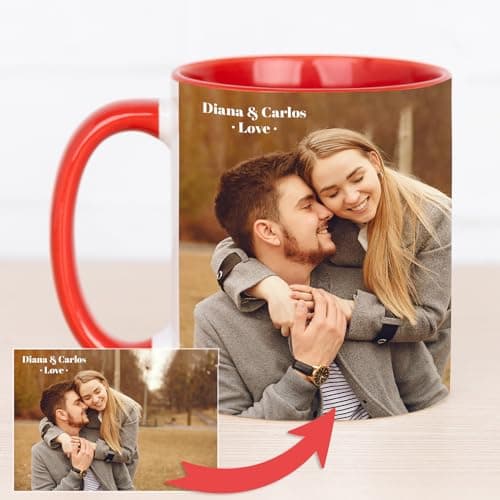 Wanapix | Tasse Personnalisée avec Photo et Texte | Tasse à Café Personnalisable | Céramique Mug | Cadeau Original | Va au micro-ondes | 325ml | Intérieur et Poignée Rouge